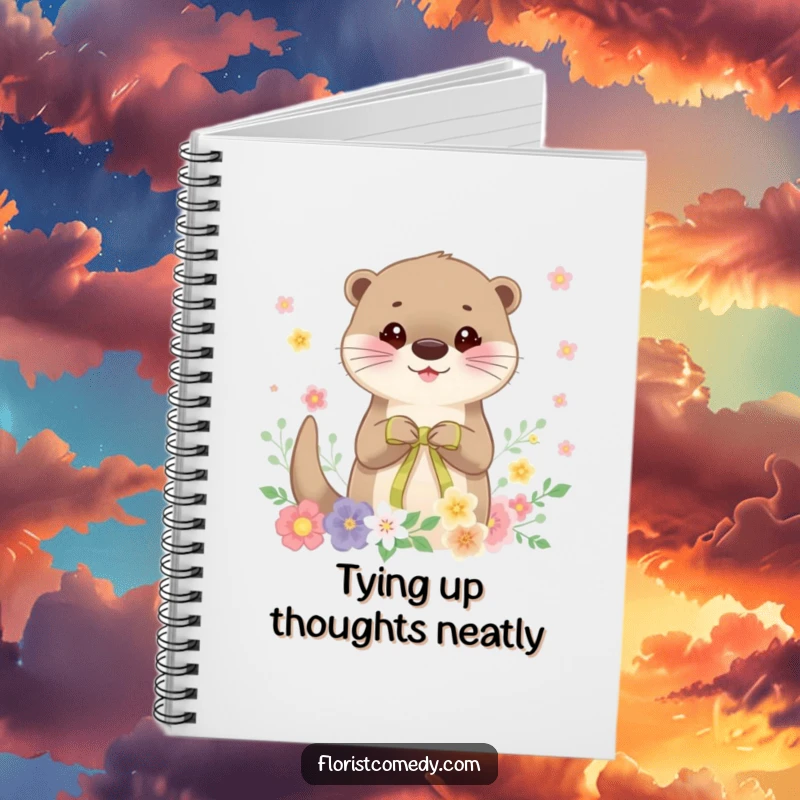 Funny otter notebook, a cheerful otter character tying a ribbon on a floral arrangement, ideal for journaling, sketching, or planning.