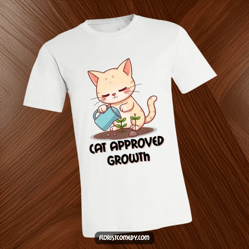 Funny determined cat with a tiny watering can tending a small plant, humorous apparel for gardeners, great gift.