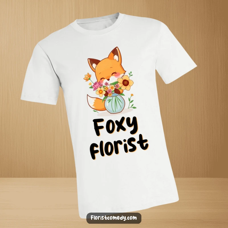 Funny fox character meticulously arranging vibrant blooms in a vase, stylish and humorous apparel, great gift.