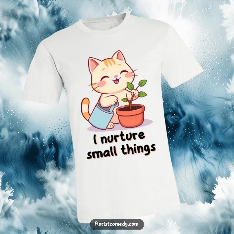 Funny cat t-shirt showing a cheerful cat with a smile, watering a tiny potted sapling, a humorous depiction of a funny plant lover.
