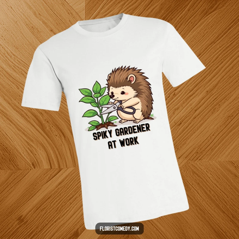 Funny hedgehog t-shirt of a determined hedgehog trimming a leafy plant with shears, a humorous depiction of a meticulous gardener.