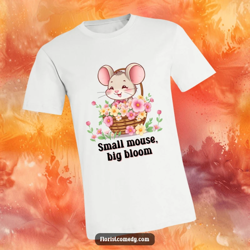Funny t-shirt showcasing a happy, giggling mouse holding a basket brimming with diverse and colorful flowers. Joyful design.