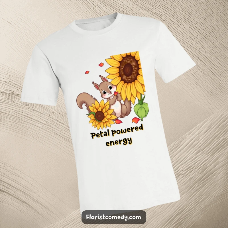 Funny squirrel t-shirt of a curious squirrel picking petals from a sunflower, a humorous depiction of enjoying nature's beauty.