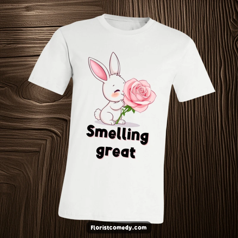 Funny curious bunny smelling a big rose with joy, cute and humorous apparel, great for presents.