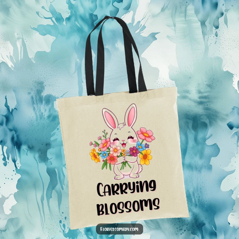 Funny rabbit character beaming with a bouquet of flowers, a humorous and practical tote bag for daily use, nice gift.