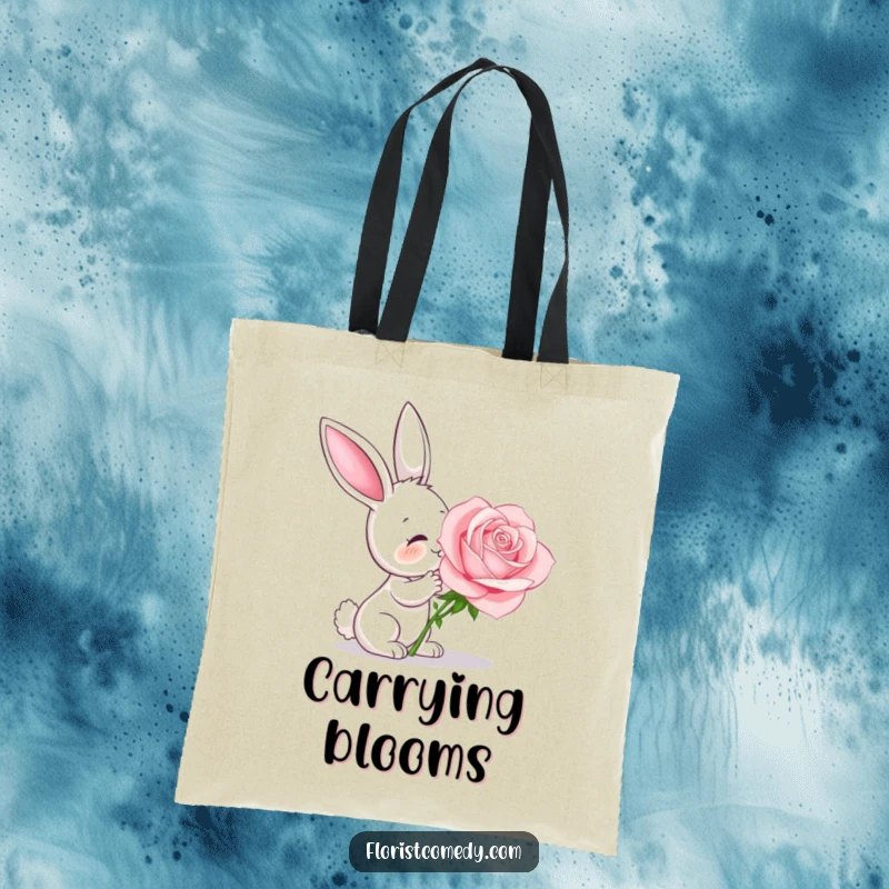 Funny curious bunny smelling a fragrant rose, a humorous and stylish tote bag for daily use, nice gift.