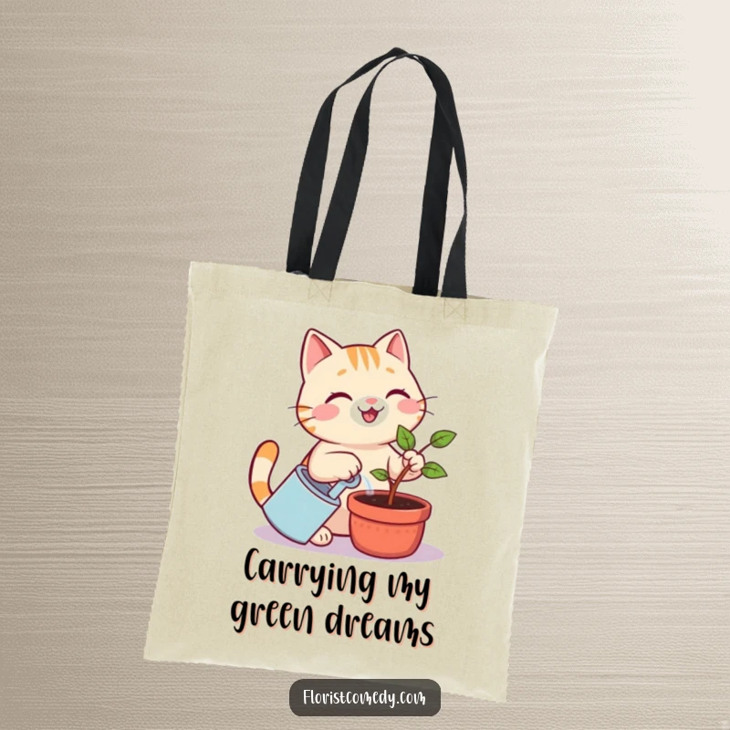 Funny cat tote bag featuring a smiling cat watering a sapling, a humorous and practical accessory for plant enthusiasts.