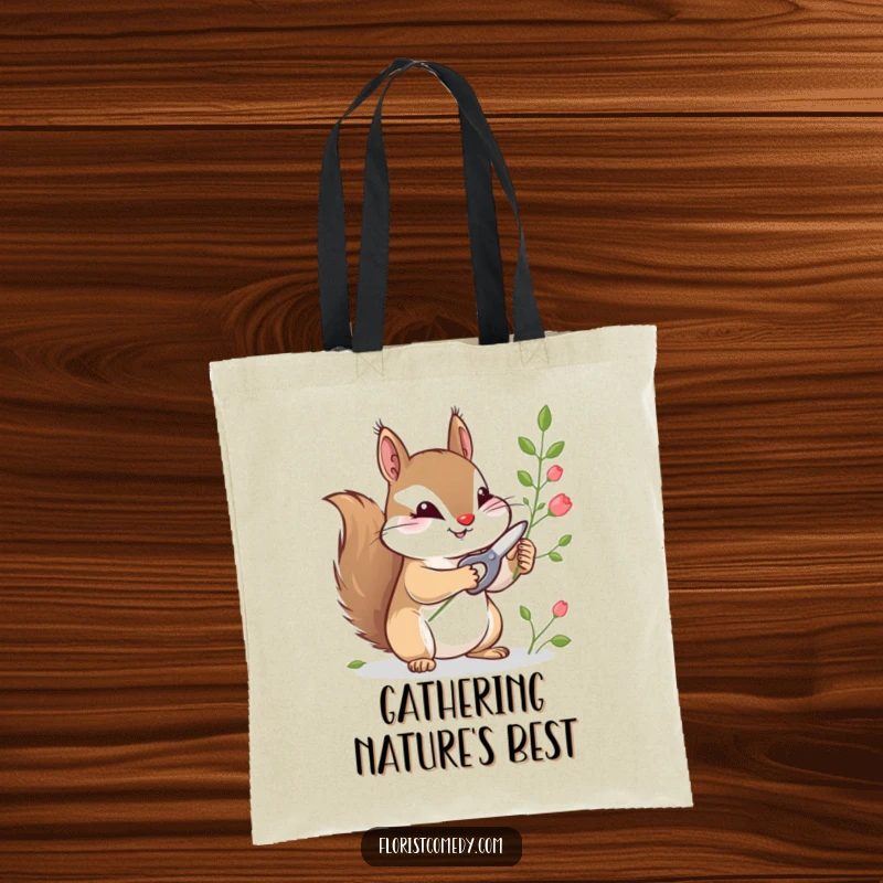 Funny tote bag featuring a curious squirrel snipping plant stems with tiny shears, perfect for carrying supplies.